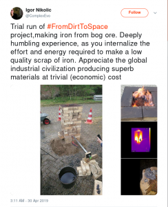 Trial run of #FromDirtToSpace project, making iron from bog ore. Deeply humbling experience, as you internalize the effort and energy required to make a low quality scrap of iron. Appreciate the global industrial civilization producing superb materials at trivial (economic) cost